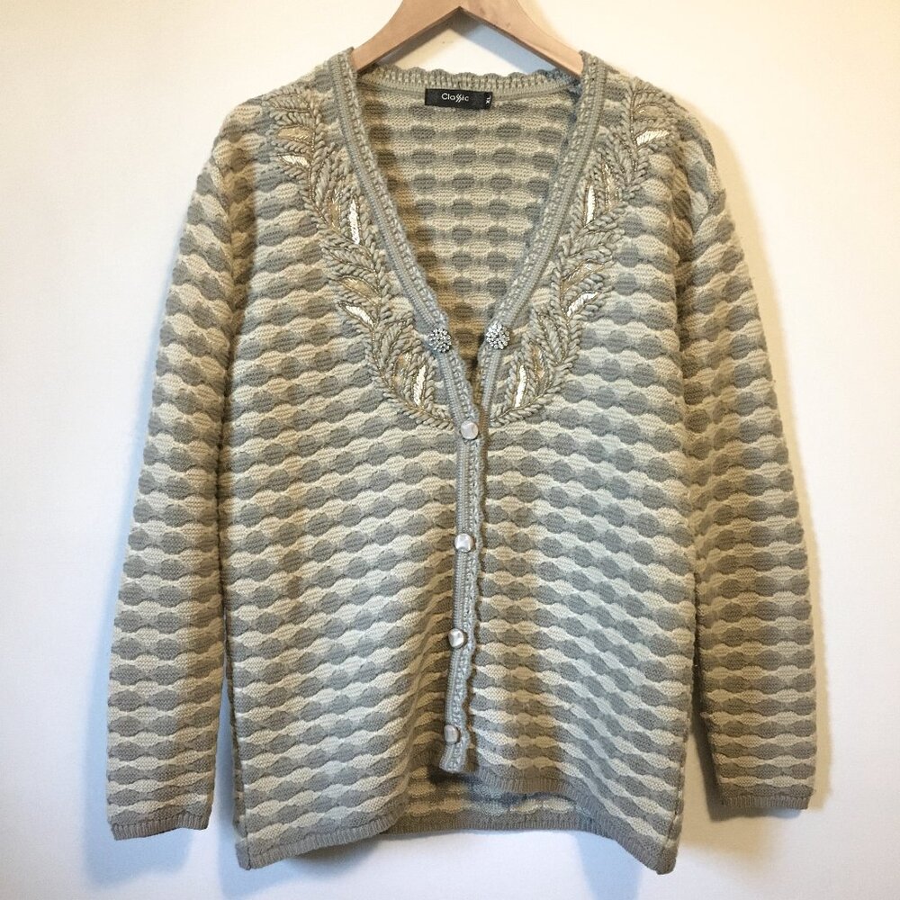 Classic XL Embellished Beaded Knit Cardigan Taupe Beige